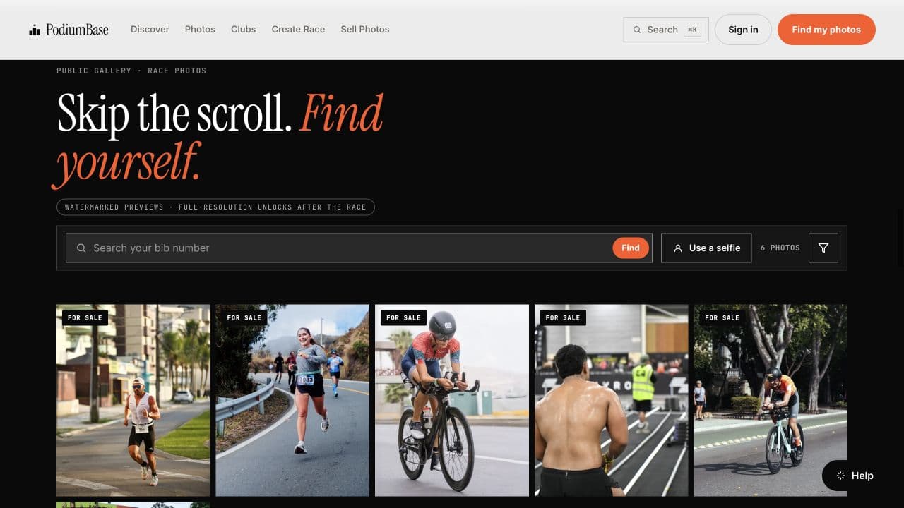Public PodiumBase gallery showing bib search and watermarked race photo previews
