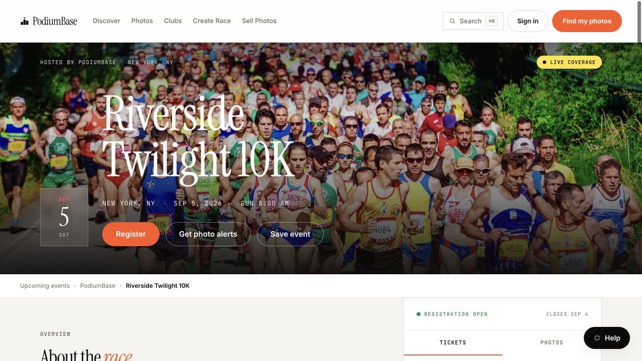 Public PodiumBase event page for the Riverside Twilight 10K