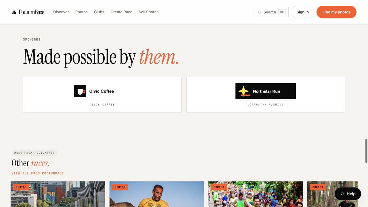 Sponsor-branded PodiumBase gallery with finish-time overlays