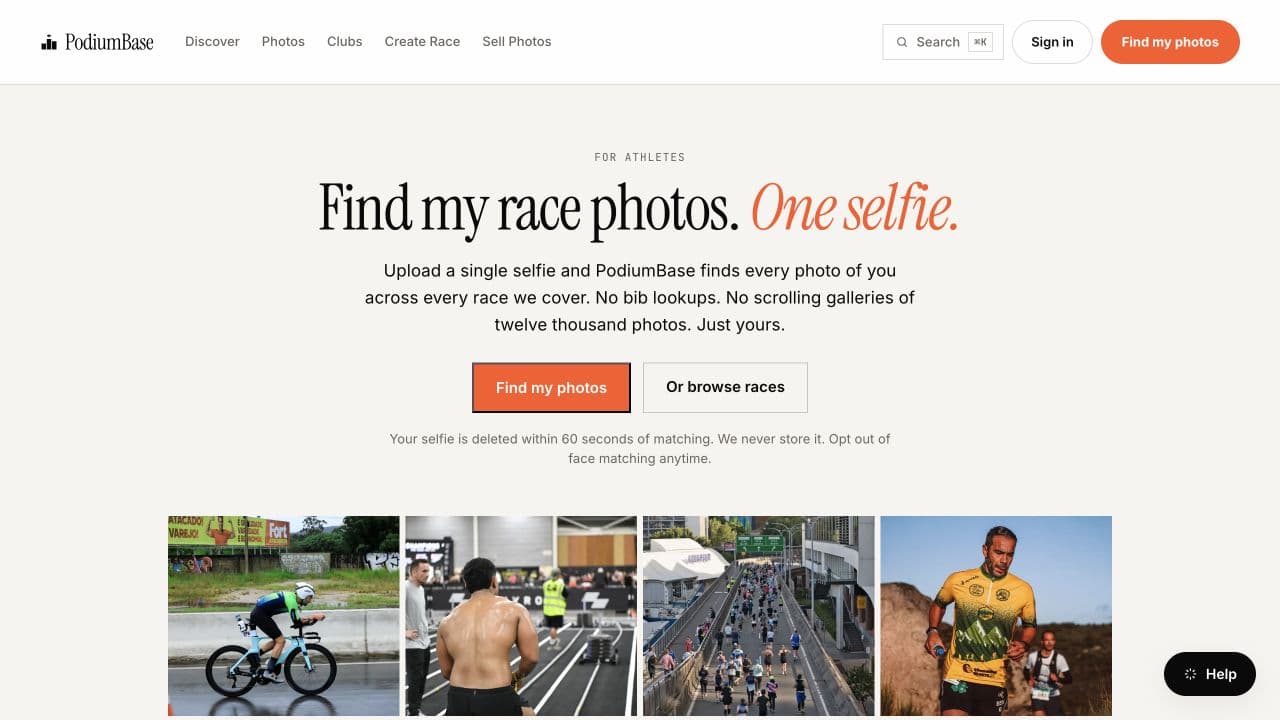 Athlete photo discovery by bib and selfie on a PodiumBase event page