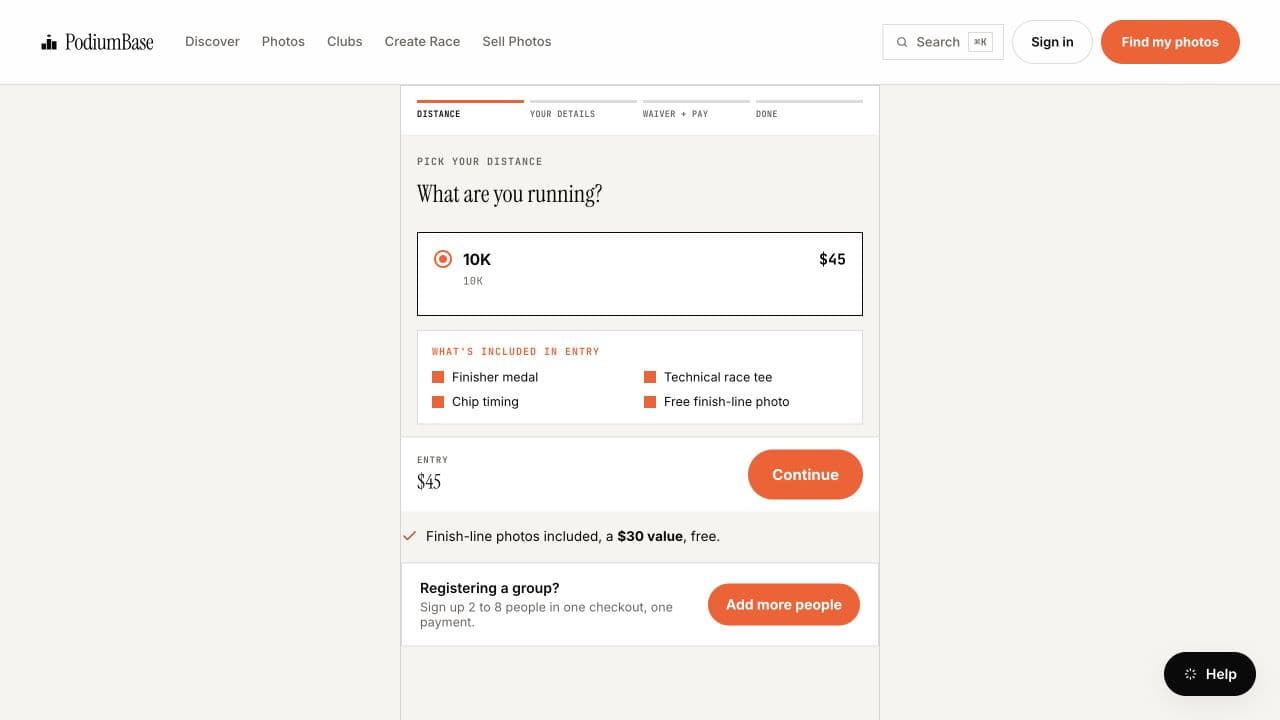 Public PodiumBase native registration flow showing distance and entry price